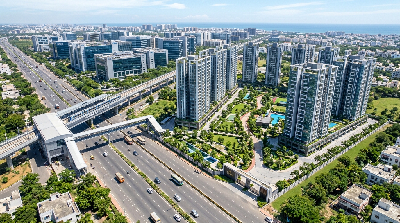 Aerial Master Plan View of Aura Residences on OMR Expressway with Metro Station